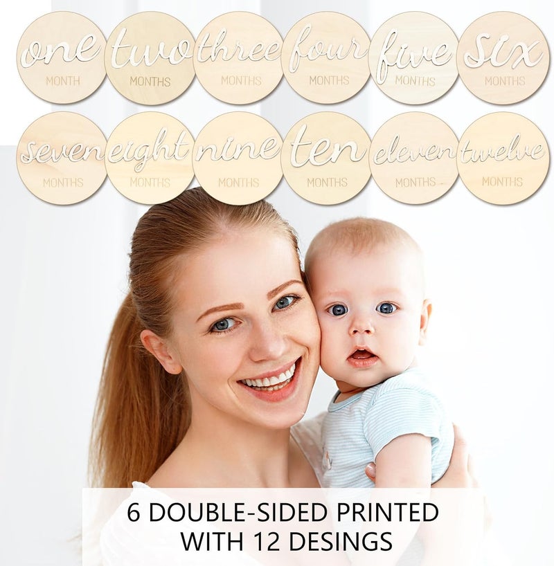 ITDYB Baby Monthly Milestone Marker Discs - Wooden 3D Double-Sided Baby Announcement Sign, Gender Neutral Announcement Cards for Newborn Boys and Girls 1-12 Months Photography Props - Image 2